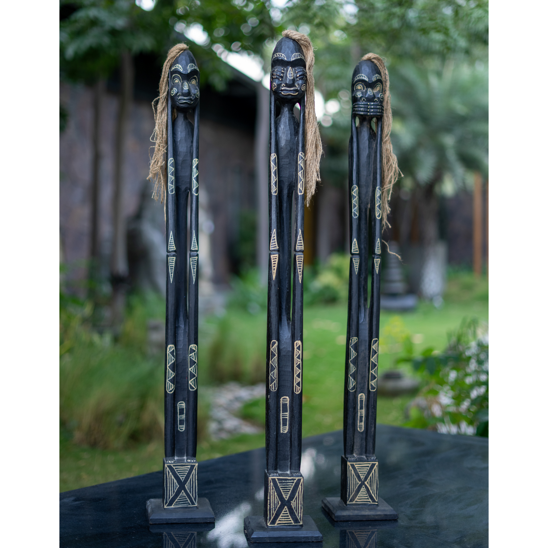 Wooden Primitive Statue (Black) Set of 3