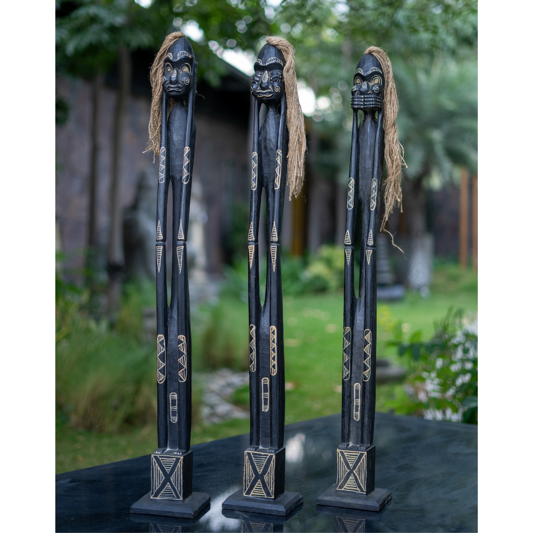 Wooden Primitive Statue (Black) Set of 3